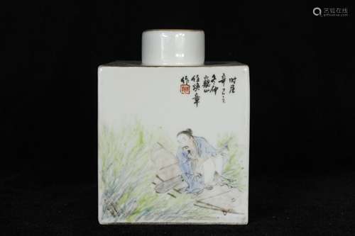 A CHINESE PORCELAIN MOUNTAIN FIGURES SQUARE JAR