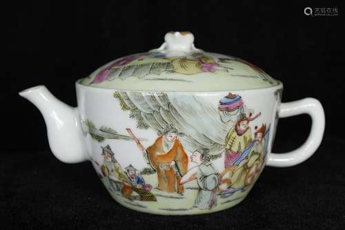 A CHINESE PORCELAIN FAMILLE ROSE FIGURE AND STORY TEAPOT