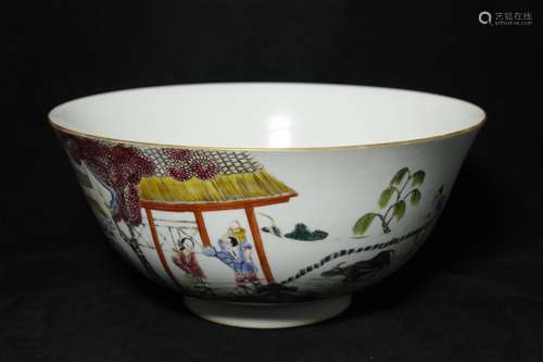 A CHINESE PORCELAIN FAMILLE ROSE FIGURE AND STORY BOWL