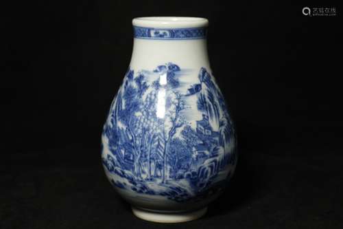 A CHINESE PORCELAIN BLUE AND WHITE MOUNTAIN BOTTLE