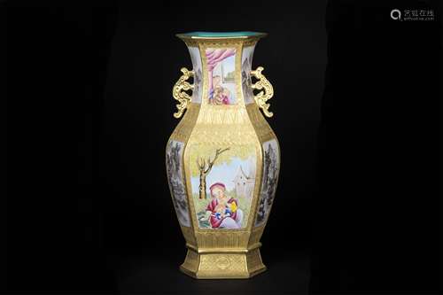 A CHINESE PORCELAIN FAMILLE ROSE FIGURES HEXAGONAL DOUBLE HANDLE VASE