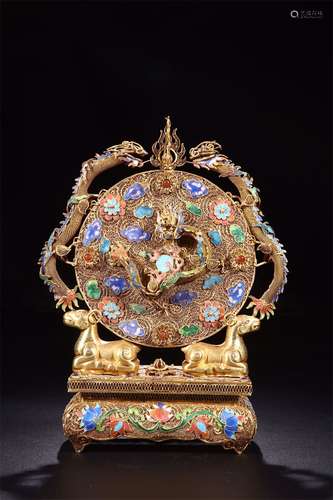 A PAIR OF CHINESE GILT SIVLER ENAMEL FLOWER DRAGON TABLE ITEM