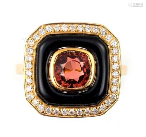 Square gold ring with cut edges centered on a pink…