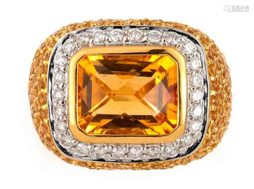 Yellow gold ball ring set with an emerald cut citr…