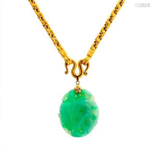 22 Kt gold chain and its Jade pendant (18 Kt gold …