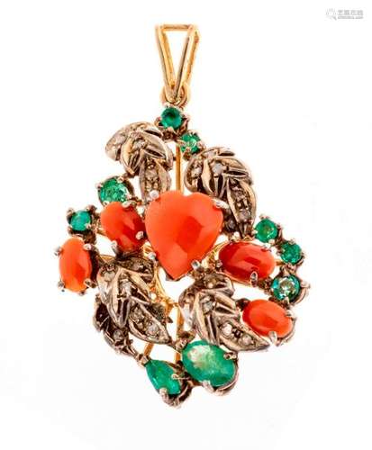 14 Kt gold pendant enriched with coral cabochons, …