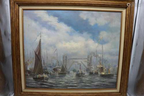Oil On Canvas, Boats in Harbor