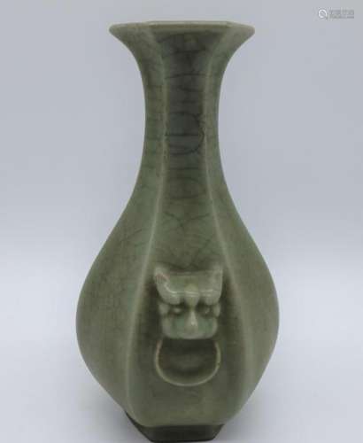 Asian Celadon Green Foo Dog Vase, Signed