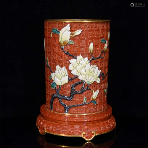 CORAL RED GLAZED AND CARVED 'FLOWERS' BRUSH POT