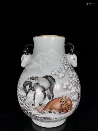 FAMILLE ROSE 'HORSE AND CALLIGRAPHY' JAR WITH DEER MASK HANDLES, ZUN