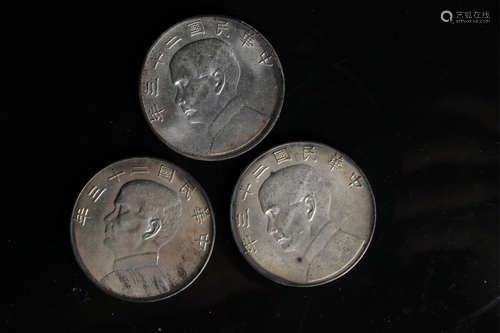 THREE SUN ZHONGSHAN AND SAILBOAT ONE DOLLAR COINS