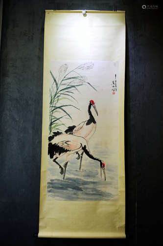 JIN MORU: INK AND COLOR ON PAPER PAINTING 'TWO CRANES'