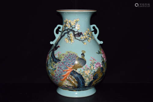 FAMILLE ROSE ENAMELED 'PEACOCK' VASE