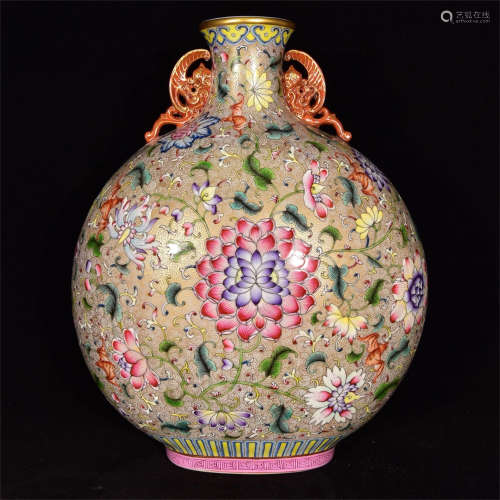 CLOISONNE ENAMELED 'FLOWERS AND VINES' MOONFLASK WITH HANDLES
