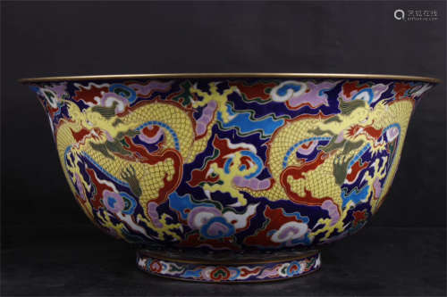 FAMILLE ROSE AND GILT BLUE GROUND 'DRAGONS' BOWL