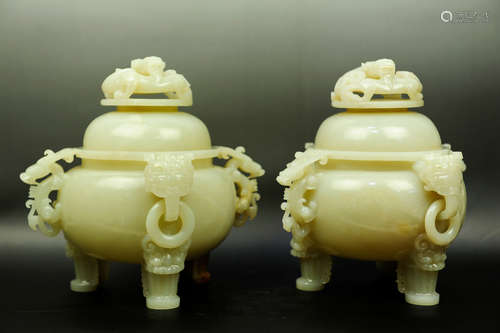 PAIR OF JADE CARVED TRIPOD 'MYTHICAL BEAST' CENSERS WITH LIDS