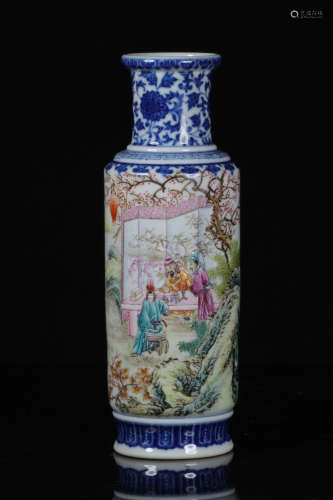 FAMILLE ROSE BLUE AND WHITE 'PEOPLE' ROULEAU VASE