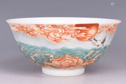 FAMILLE ROSE 'CRANES AND OCEAN' BOWL