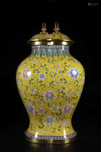 CLOISONNE ENAMELED DOUBLE LINKED 'FLOWERS AND VINES' VASE WITH LID