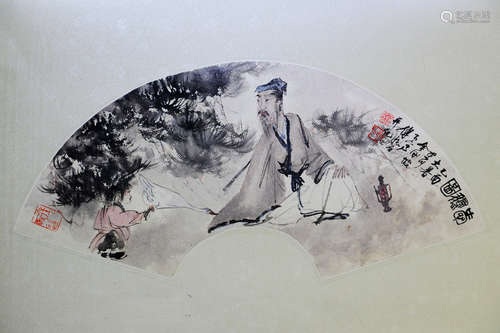 FU BAOSHI: INK AND COLOR ON PAPER FAN LEAF PAINTING 'SCHOLAR'