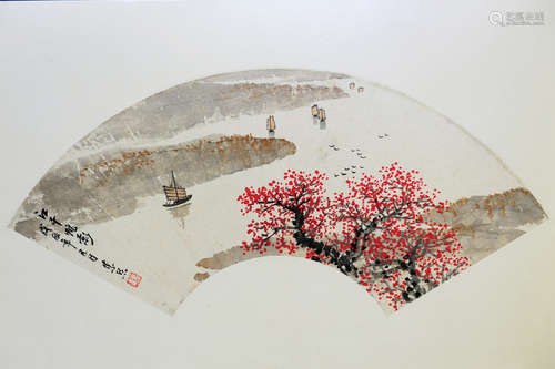 WEI ZIXI: INK AND COLOR ON PAPER FAN LEAF PAINTING 'LANDSCAPE SCENERY'