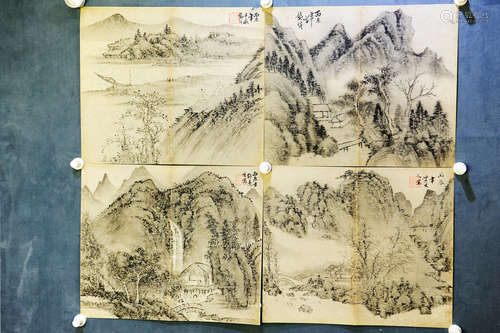 GONG XIAN: FOUR INK ON PAPER PAINTING 'LANDSCAPE SCENERY'