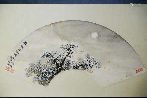 WEI ZIXI: INK AND COLOR ON PAPER FAN LEAF PAINTING 'LANDSCAPE SCENERY'