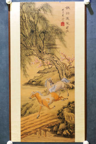 FU ZUO: INK AND COLOR ON SILK PAINTING 'TWO HORSES'