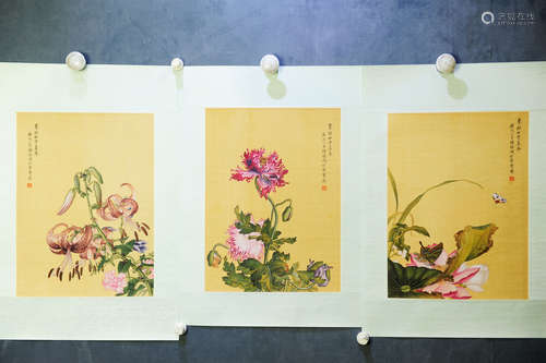 CHEN QIHU: THREE INK AND COLOR ON SILK PAINTING 'FLOWERS'