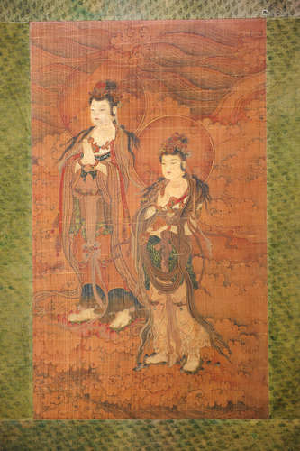 INK AND COLOR ON SILK PAINTING 'TWO GUANYIN'