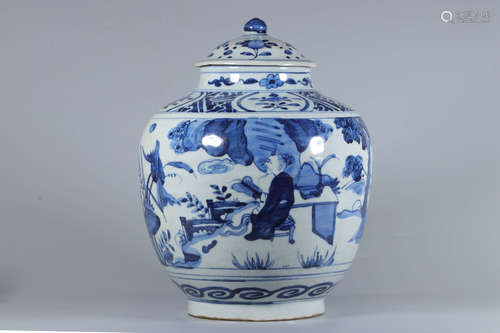 BLUE AND WHITE 'PEOPLE' JAR WITH COVER