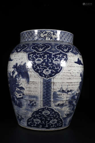 BLUE AND WHITE OPEN MEDALLION 'LANDSCAPE SCENERY' JAR