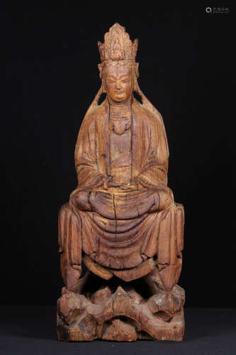 WOOD CARVED GUANYIN SEATED FIGURE