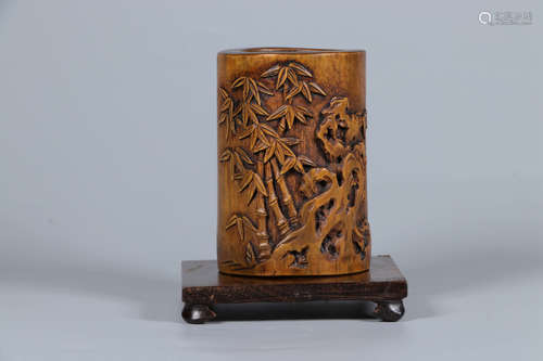 BAMBOO CARVED 'BAMBOO GROVE' BRUSH POT WITH STAND