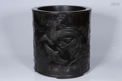 ZITAN WOOD CARVED 'BIRDS' BRUSH POT