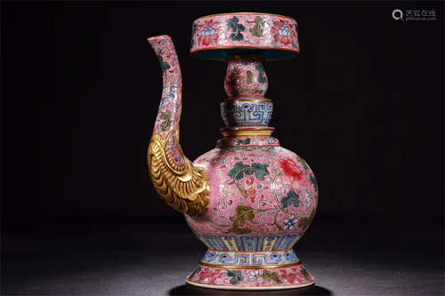 FAMILLE ROSE AND PINK GROUND 'FLOWERS' EWER