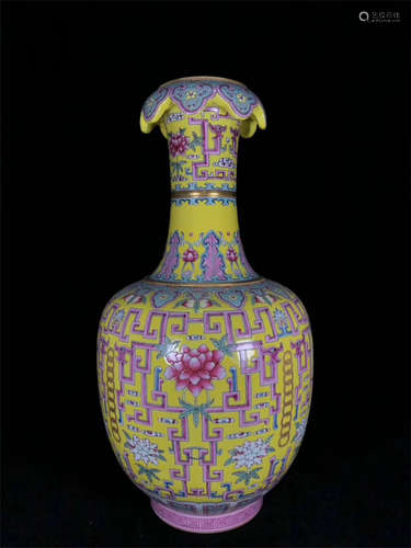 FAMILLE ROSE AND YELLOW GROUND 'FLOWERS' VASE WITH RUYI HEAD