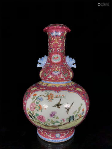 FAMILLE ROSE AND PINK GROUND OPEN MEDALLION 'SCENERY' VASE