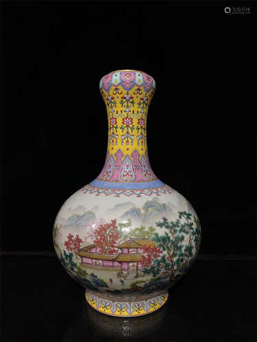 FAMILLE ROSE AND YELLOW GROUND 'LANDSCAPE SCENERY' GARLIC HEAD VASE