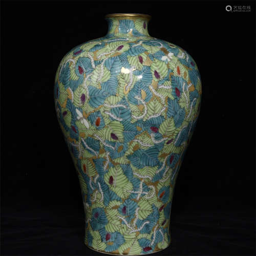 FAMILLE ROSE 'SILKWORMS AND LEAVES' VASE, MEIPING