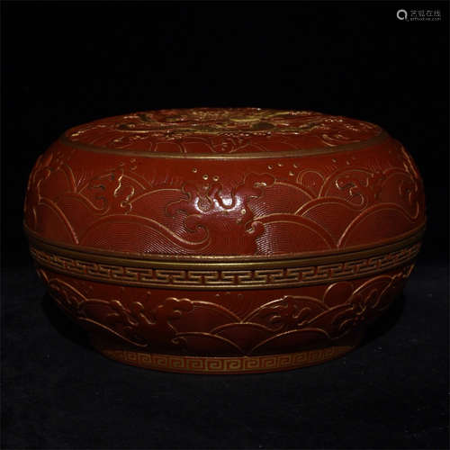 RED GROUND GILT AND CARVED 'DRAGON' BOX WITH COVER