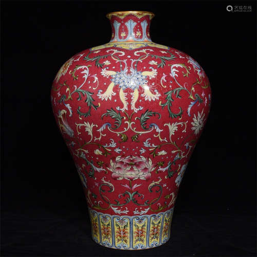 FAMILLE ROSE AND RED GROUND 'FLOWERS' VASE, MEIPING