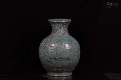 BLUE GLAZED AND CARVED 'PEOPLE' VASE