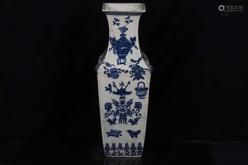 BLUE AND WHITE 'EIGHT TREASURES' RECTANGULAR VASE