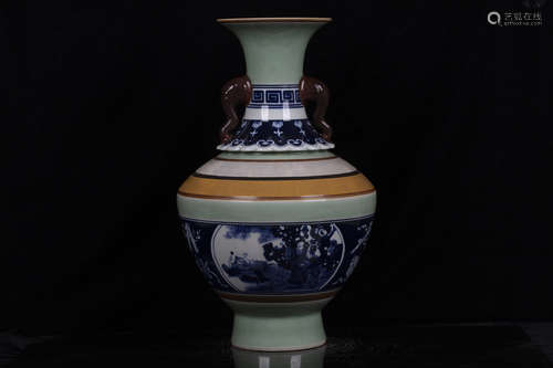 BLUE AND WHITE TURQUOISE GROUND 'PEOPLE' VASE WITH HANDLES