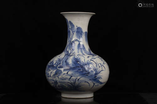 BLUE AND WHITE 'BIRDS AND SCENERY' VASE