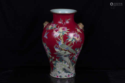 FAMILLE ROSE RED GROUND 'FLOWERS AND BIRDS' VASE