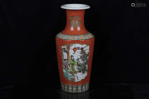 FAMILLE ROSE RED GROUND AND OPEN MEDALLION 'PEOPLE' VASE