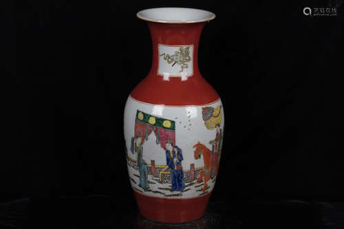 FAMILLE ROSE RED GROUND 'PEOPLE' VASE