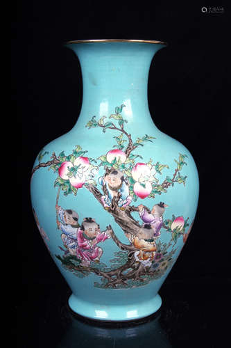 FAMILLE ROSE TURQUOISE GROUND 'CHILDREN AND PEACHES' VASE